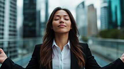 A calm and focused woman in business attire meditating in a modern urban environment, emphasizing the importance of mindfulness in a busy professional lifestyle.