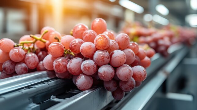 Vibrant bunches of fresh red grapes traveling on a conveyor belt, reflecting the agricultural process and the quality control of fruit before packing and distribution.
