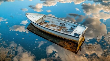 A white boat with a blue stripe and a black anchor is floating on a body of water.