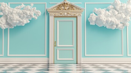 A room with a blue door and white walls, with two large white clouds hanging above it.
