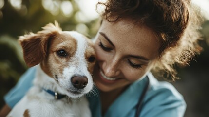 A joyful woman embraces her pet dog in a serene outdoor environment, showcasing the bond between humans and animals in a heartwarming moment of companionship.