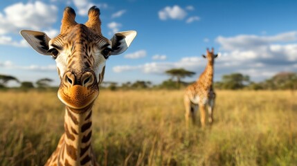 A striking close-up of a giraffe exuding charm in its natural habitat, highlighting the beauty of wildlife and providing a glimpse into the serenity of nature.