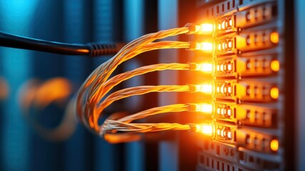 A captivating image of a server rack displaying illuminated cables and active connections, representing advanced technology and data flow within a modern data center.
