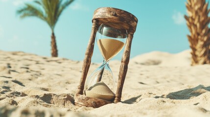 A wooden hourglass on a sandy beach with palm trees in the background.