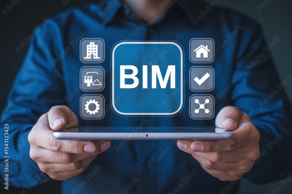 Poster person holding a tablet displaying building information modeling.