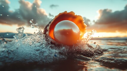 A stunning seashell reveals a beautiful pearl within as soft ocean waves crash around, framed by a gorgeous sunset sky filled with vivid colors and serene ambiance.