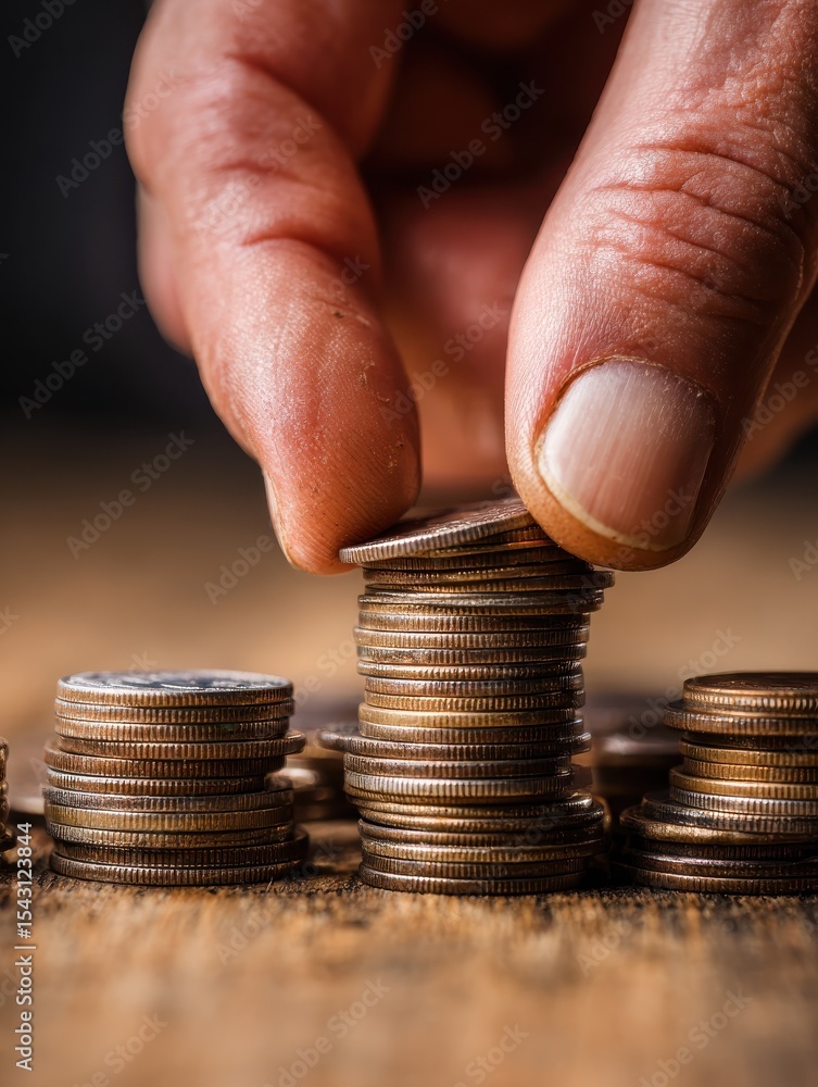 Poster a macro shot of fingers carefully placing coins on a stack, emphasizing financial growth and wealth-