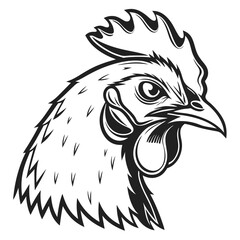 Fototapeta premium Striking monochrome illustration displays a detailed rooster head with bold lines and feathered texture
