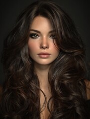 Fototapeta premium Stunning portrait of a woman with flowing hair and perfect makeup, radiating beauty and confidence.