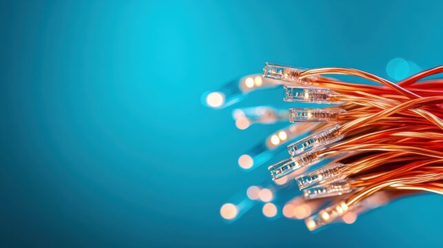 A striking close-up of network cables illuminated against a soft blue background, representing modern connectivity and the technological advancement in information exchange.