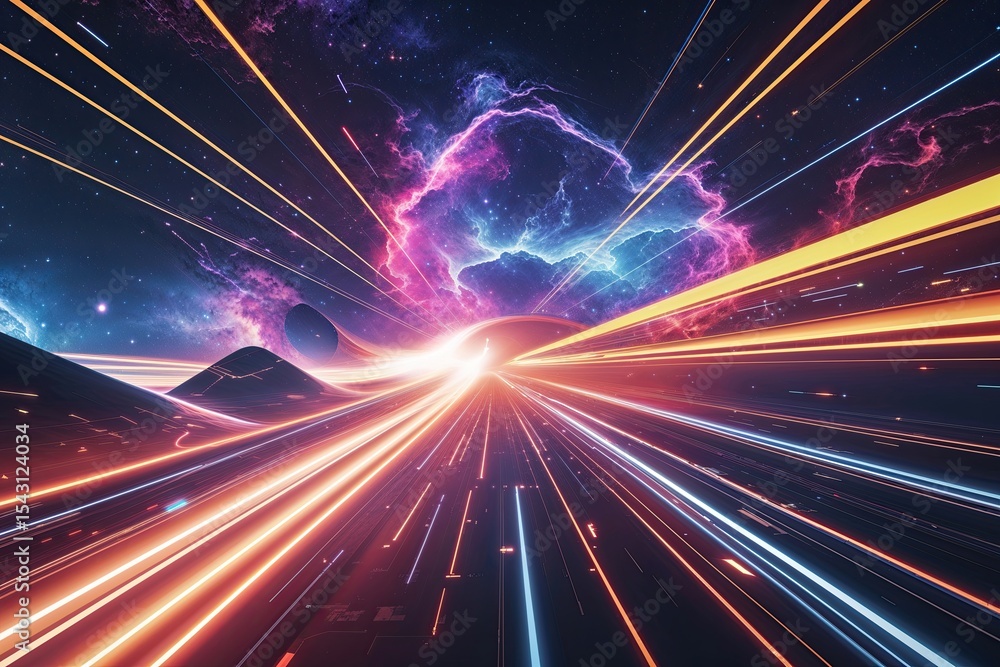 Poster dynamic sci-fi fusion artwork featuring light trails and nebula patterns