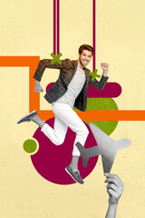 Vintage collage of person run paper plane tied control by lines on yellow background