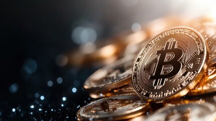 A collection of shiny gold Bitcoin coins artfully arranged, symbolizing digital currency and modern financial empowerment, ideal for representing investment and technology concepts.