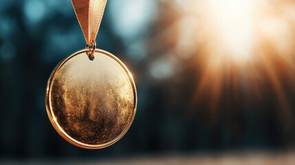 A beautiful gold medal glistens in the light, symbolizing achievement and success, perfect for representing dedication, hard work, and the triumph of sporting events.