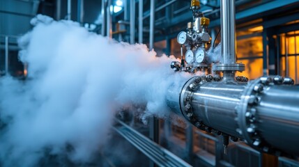 Fototapeta premium A detailed view of a steam pipe showing pressure gauges and escaping vapor, highlighting industrial engineering and the power of steam in modern facilities.