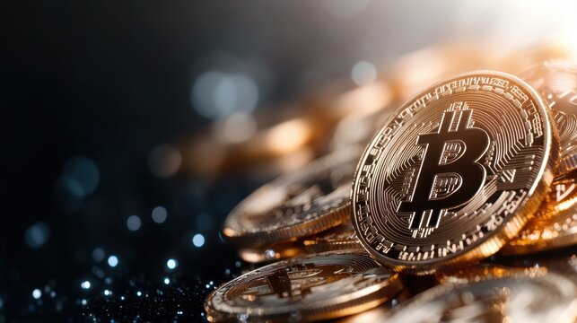 A collection of shiny gold Bitcoin coins artfully arranged, symbolizing digital currency and modern financial empowerment, ideal for representing investment and technology concepts.