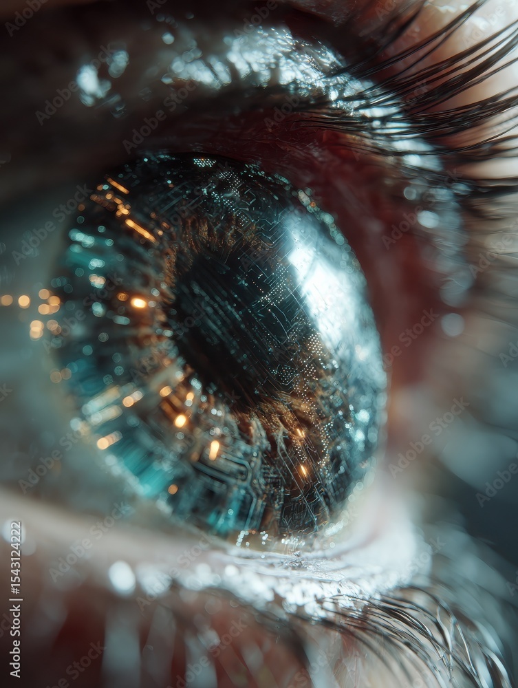 Poster generative ai image of cybernetic eye with digital overlays
