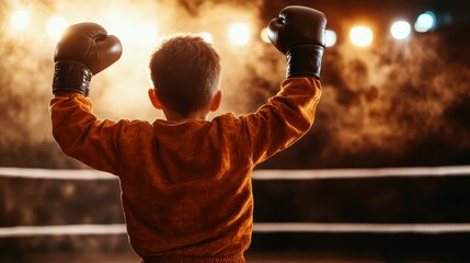 A young boy in boxing gloves raises his arms in triumph after a match, embodying the spirit of perseverance and achievement in a vibrant and energetic environment.