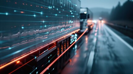 A mesmerizing photo of a truck driving on a wet road during dusk, featuring illuminated reflections and streaks that create a dynamic, modern aesthetic.
