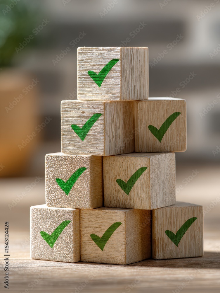 Poster stacked wooden blocks with green check marks indoor setting conceptual image focused viewpoint for c