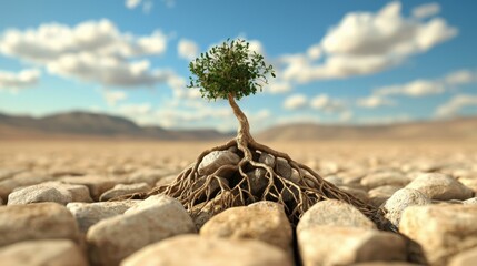 A small tree with a large root system growing out of a pile of rocks.