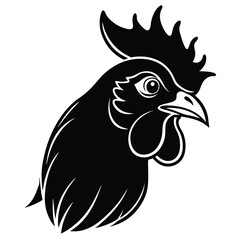 A black rooster head faces right with detailed comb and wattle showing proudly