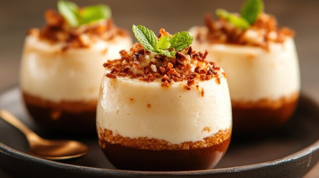 These exquisite mini desserts showcase a creamy layer topped with crispy bits and fresh mint, perfect for catering or personal indulgence in various occasions.