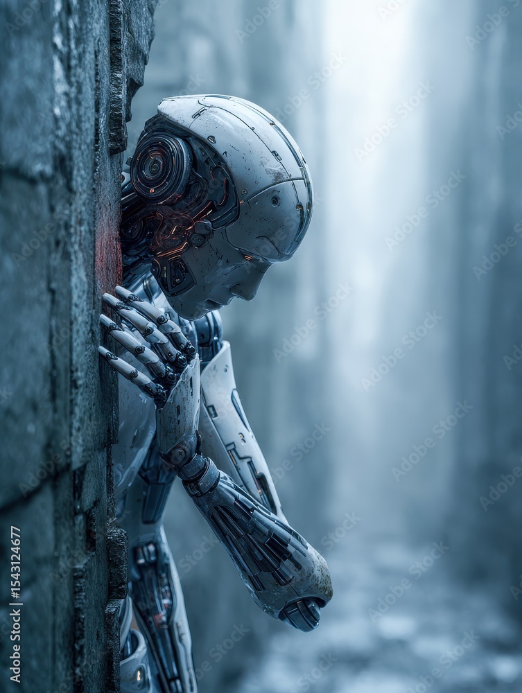 Poster a robot is touching a wall in a futuristic environment, a futuristic interpretation of ai-powered on