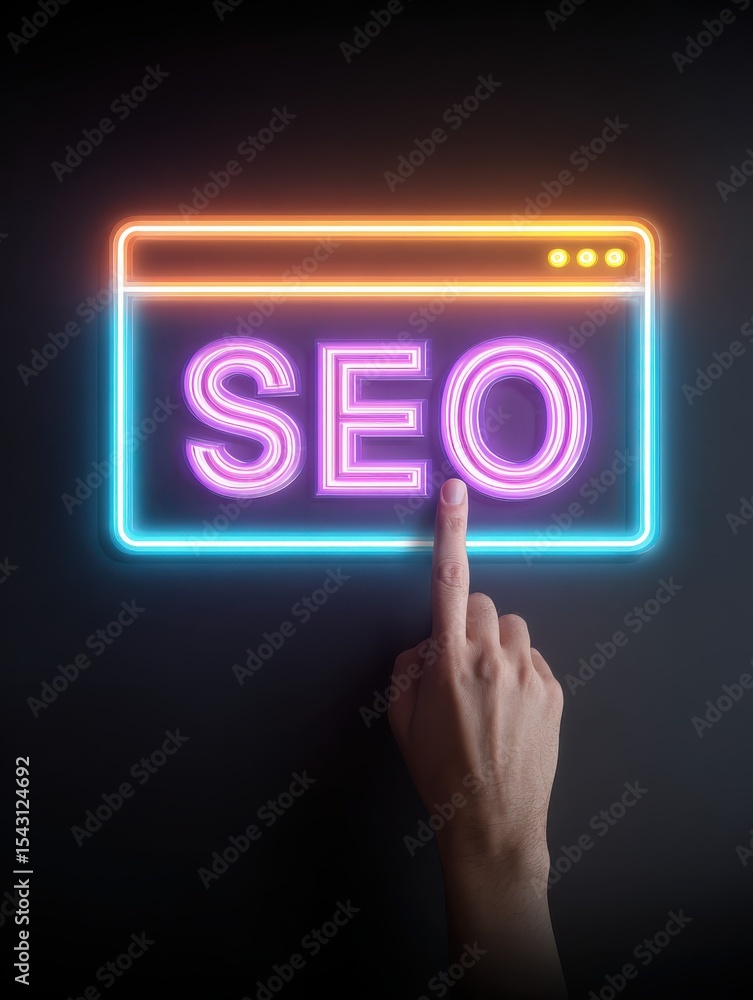 Poster digital marketing seo strategy concept with neon browser and hand pointing for web optimization