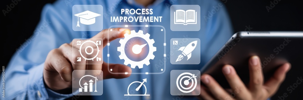Poster a person interacts with a digital interface displaying process improvement icons.