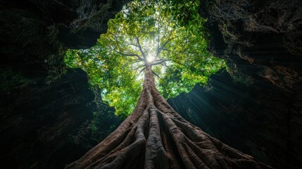A towering tree with a thick trunk and sprawling roots reaches upwards, its light filtering through the canopy and casting a warm glow on the surrounding cave.