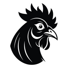 Striking black rooster head profile features defined lines, capturing a classic monochrome avian silhouette