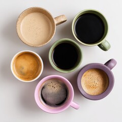 Overhead view of six cups of coffee in various colors and types