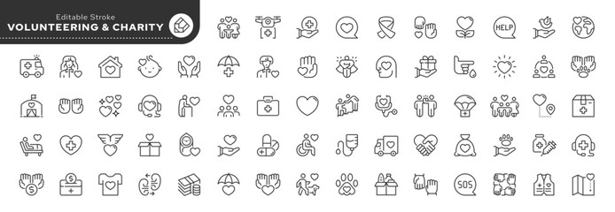 Volunteering and charity line icon set. Donation, help, support, humanitarian aid, donor, volunteer, community, unity, caring and more. Outline icon in linear style. Vector collection.	