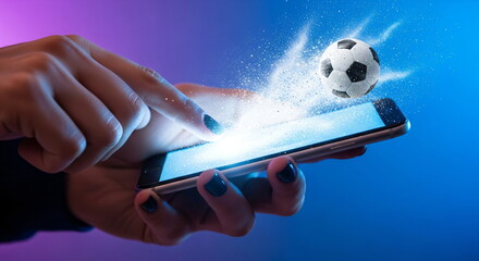 Woman holding smartphone with soccer ball exploding from screen. Online sports betting and mobile gaming on football event.