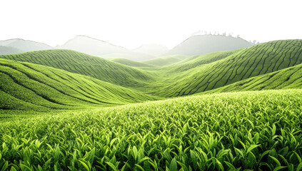 Lush green tea fields on rolling hills. Misty mountain backdrop