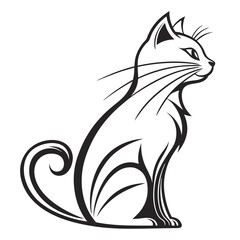 A stylized feline figure sits poised, rendered in elegant black and white linework