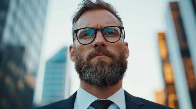 A well-dressed businessman with a beard stands confidently against a backdrop of modern skyscrapers, showcasing professionalism and urban life dynamics. - Powered by Adobe