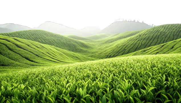 Lush green tea fields on rolling hills. Misty mountain backdrop