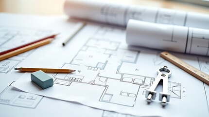 Architectural Blueprint with Tools and Pencils.