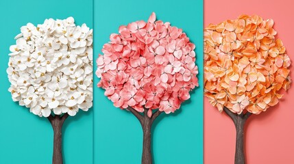A trio of tree illustrations, each with a different colored trunk and leaves, set against a contrasting background.