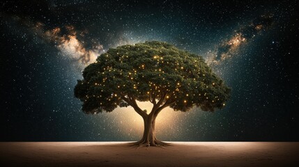 A lone tree with glowing leaves stands on a sandy plain, surrounded by a starry night sky and a galaxy.
