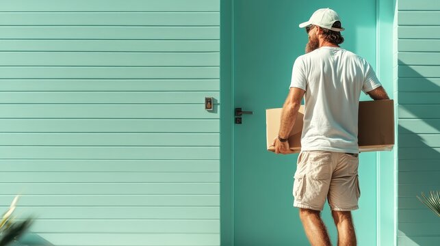 A delivery person approaches a bright turquoise house, carrying packages, illustrating the convenience of doorstep delivery in modern living and the growth of e-commerce services globally.