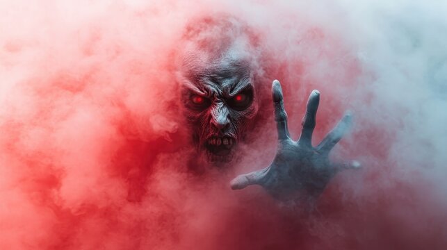 A haunting figure with fierce expression appears amidst swirling red and blue mist, symbolizing fear and the unknown, invoking horror and mystery in a dramatic visual. - Powered by Adobe