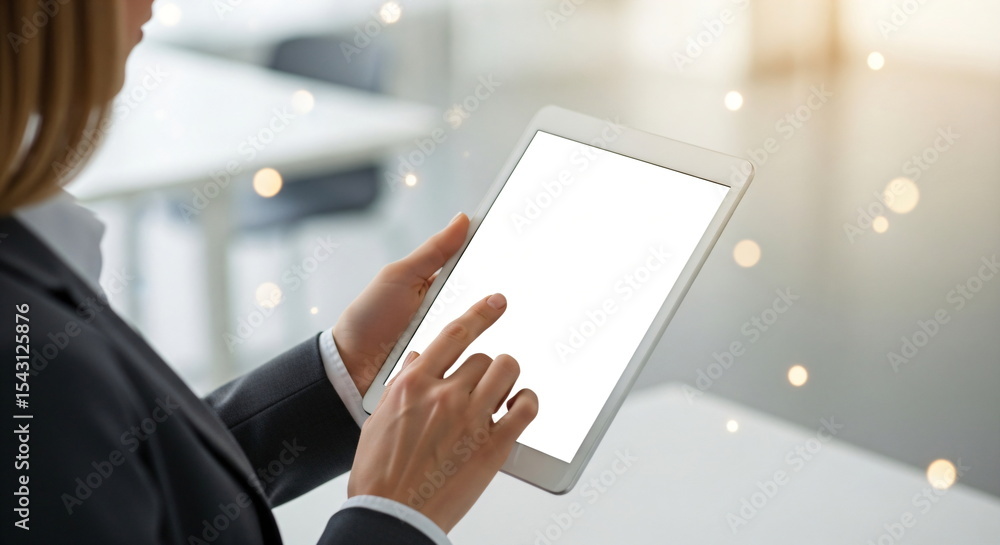 Poster man using a blank screen tablet with digital touchscreen. business and technology connection with co