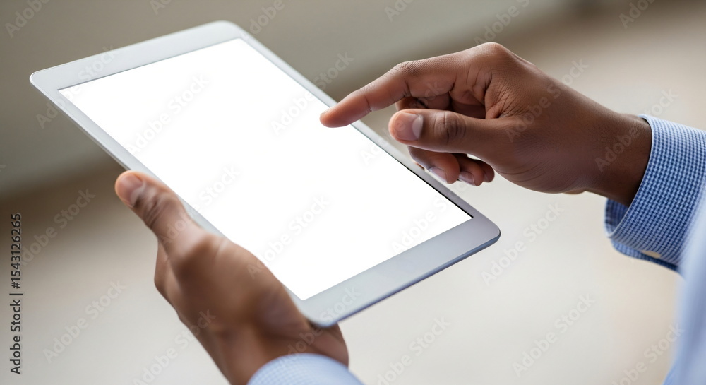 Poster man using a blank screen tablet with digital touchscreen. business and technology connection with co