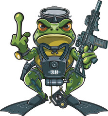 Cartoon style frog combat diver soldier holding ar-15 style assault rifle