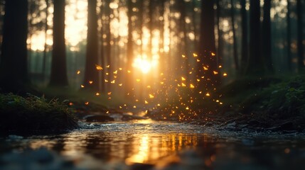 Obraz premium In a serene forest at golden hour, ethereal butterflies appear to dance above the glistening stream, evoking feelings of wonder and the beauty of nature in harmony.