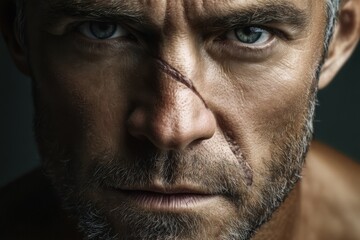 Obraz premium Intense expression of caucasian mature male with prominent facial scar