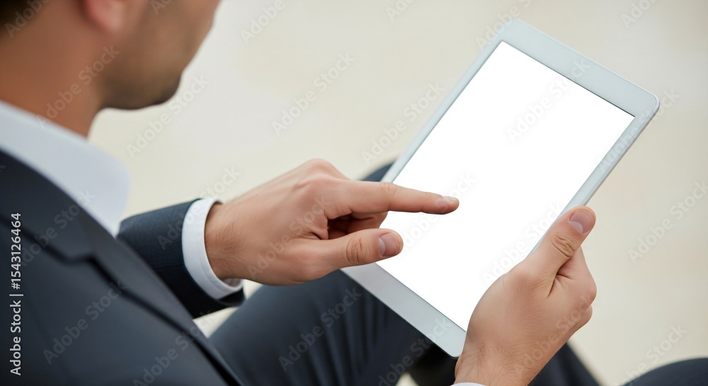 Aufkleber man using a blank screen tablet with digital touchscreen. business and technology connection with co